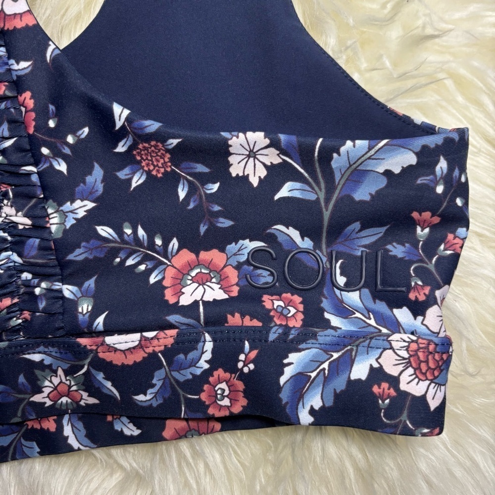 Soul by SoulCycle Ruched Blue and Pink Racerback Sports Bra with Floral Print - Picture 6 of 7